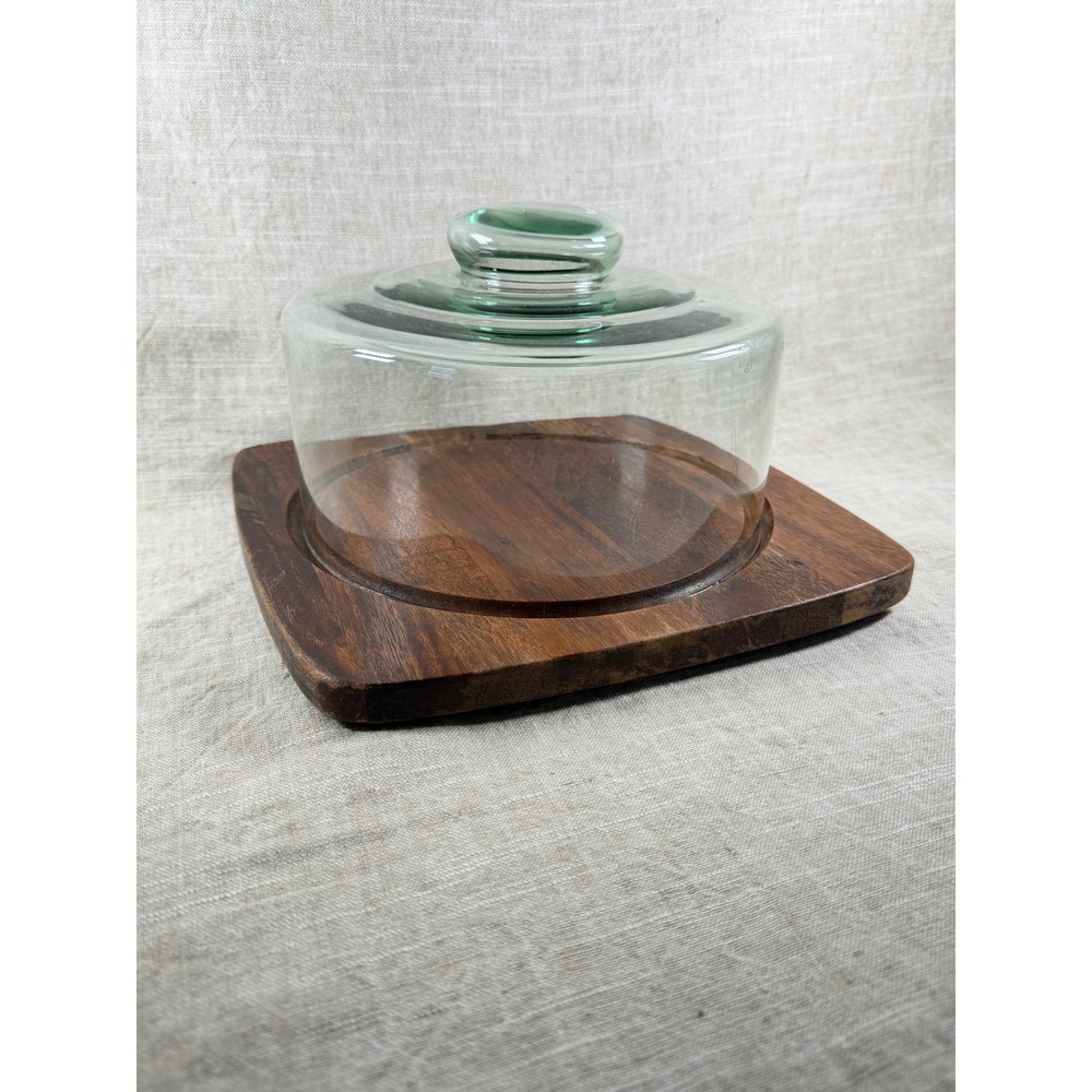 Vintage Wood Cheese Board Glass Dome Cloche Serving Tray Set